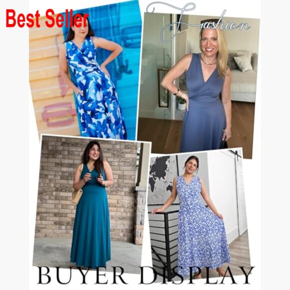 Polyester Spandex Maxi Dress Sleeveless V-Neck Wrap Waist with Pockets - Picture 4 of 5